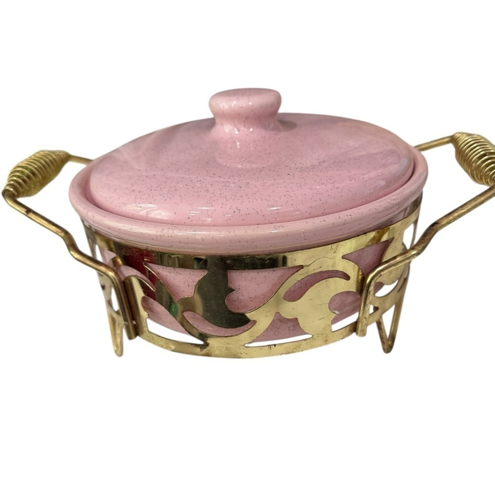 Bauer Pink Speckled 2qt Casserole Dish with Metal Rack Holder 6X 13 X 8.5 MCM